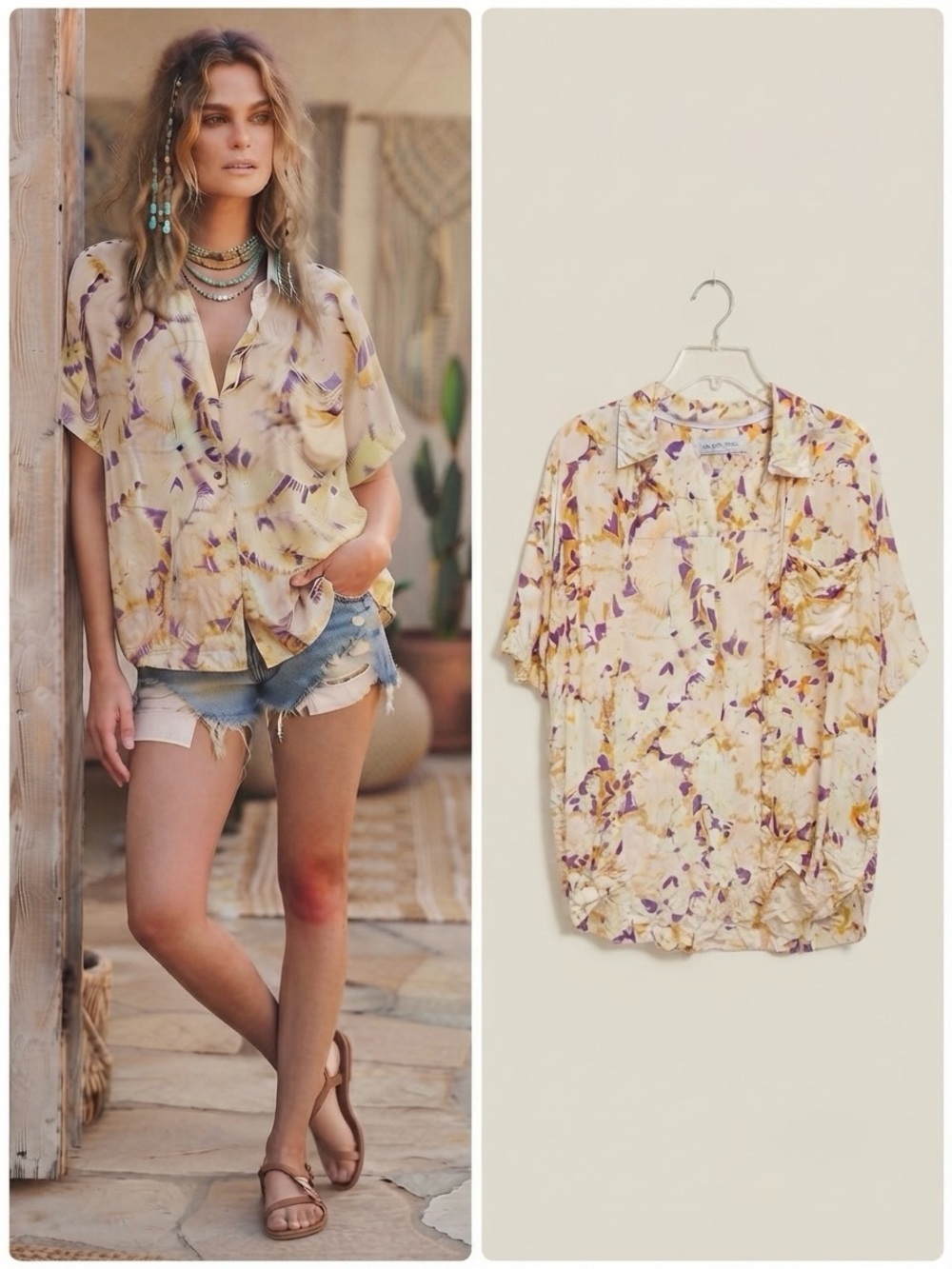 Free People WeTheFree Oversized Floral Raw Edge Trim M Boho Button-Up Shirt Top